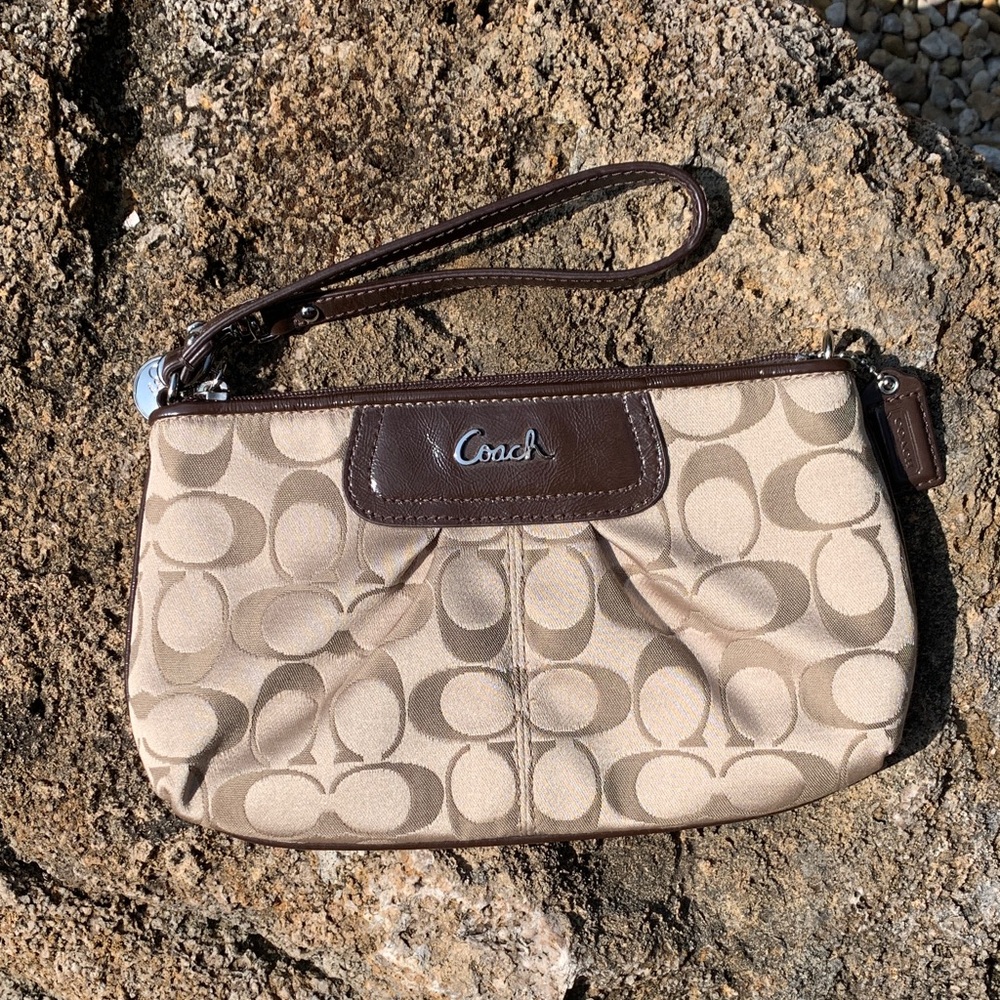 Coach Signature Beige and Dark Brown Wristlet
